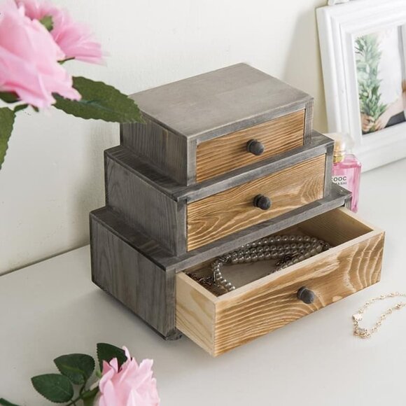 NEW 3 Drawer Rustic Wooden Jewelry and Cosmetic Vanity Organizer - Picture 3 of 8